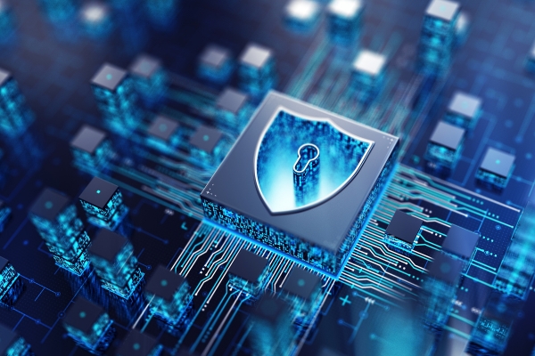 A microchip with a shield and keyhole icon, representing the cybersecurity challenges and protective measures for AI systems.