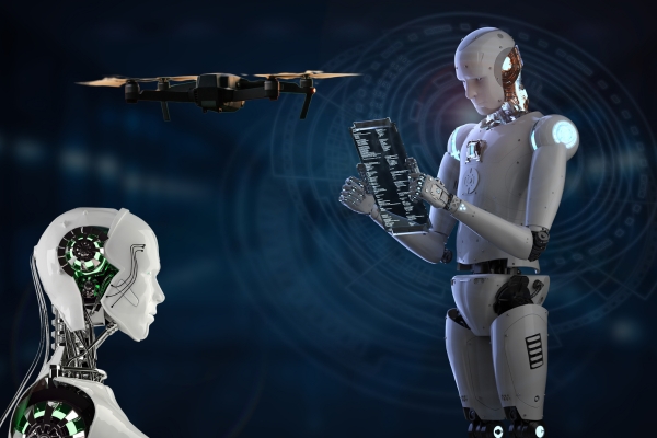 Futuristic robots analyzing data while a surveillance drone hovers, representing the future of AI-powered security technologies.