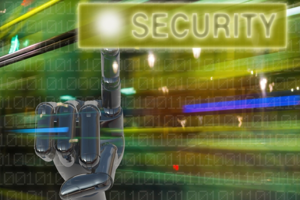 A shiny robot finger touching a glowing "SECURITY" button.