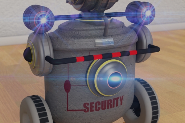 Futuristic security robot with wheels and cameras, featuring the word “SECURITY” on its body and equipped with blinking lights.