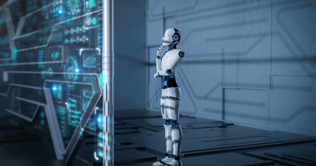 Futuristic robot facing a holographic screen with data, representing AI's role in security analytics.