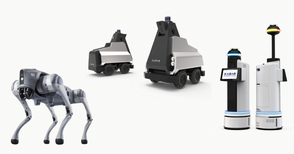 AiSec patrol robots, including a four-legged robot and wheeled security robots.