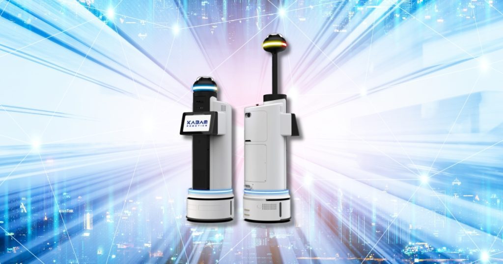 Two modern white security robots with varying features.