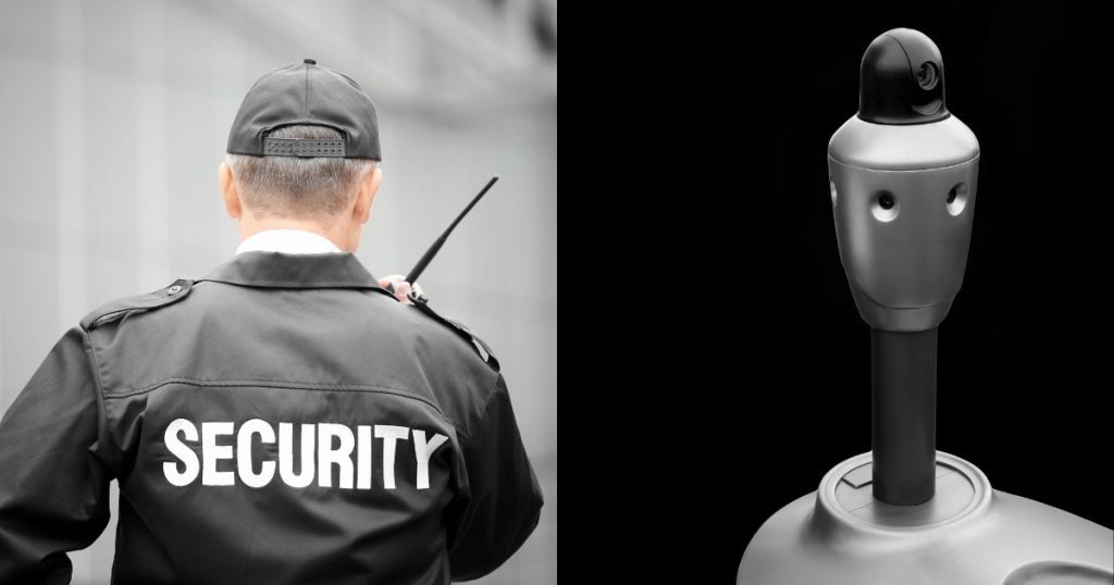 Back view of a human security guard, wearing a black uniform with “SECURITY” printed on the back.