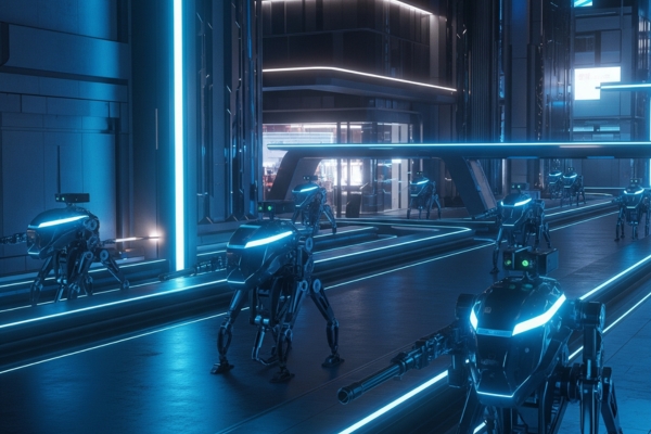 Futuristic security robots with glowing blue accents patrol a modern city street.