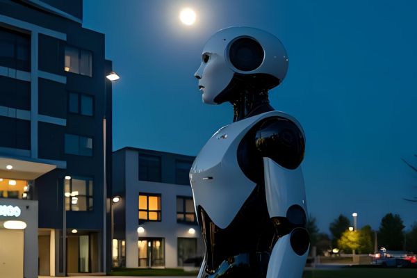 A humanoid autonomous security robot navigating a dimly lit office park at night.