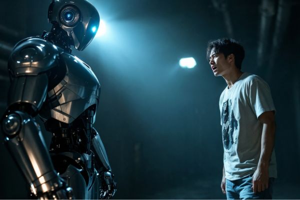 Security robot issuing real-time warnings to deter intruders.