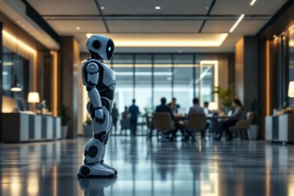 Autonomous security robot patrolling an office lobby, demonstrating cost savings and efficiency compared to traditional security staff