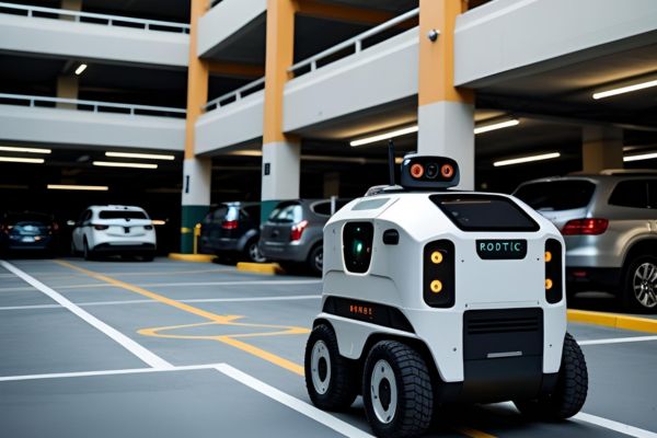 Security robot moving autonomously through a large parking structure, checking vehicles and foot traffic for suspicious behavior