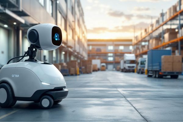 An autonomous security robot surveying a large warehouse perimeter with visible cargo bays and transport trucks