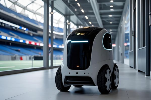 A sleek, modern security robot patrolling a stadium corridor before an event. Equipped with cameras and sensors, it monitors the area for safety threats and ensures a secure environment as guests arrive
