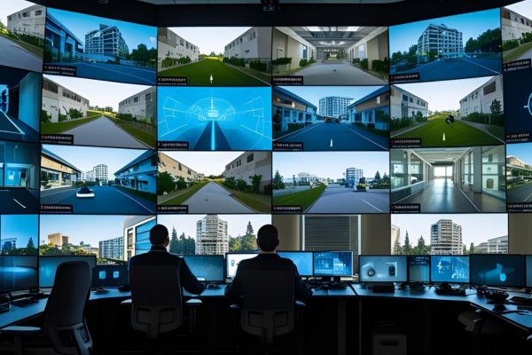 Operators monitoring a security control panel with live feeds from autonomous security robots across a multi-site facility.