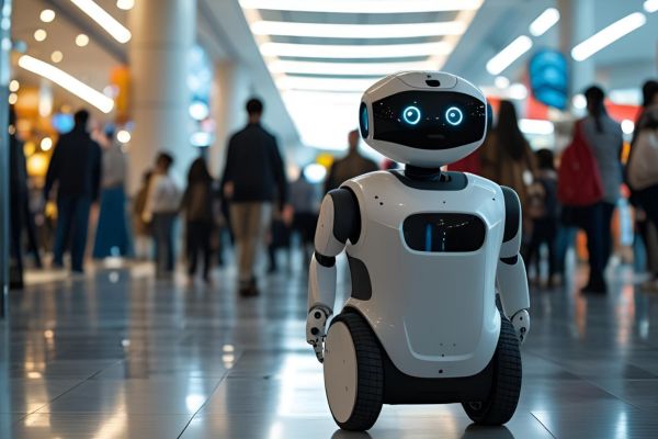 A humanoid surveillance robot standing in a brightly lit shopping mall, surrounded by people.