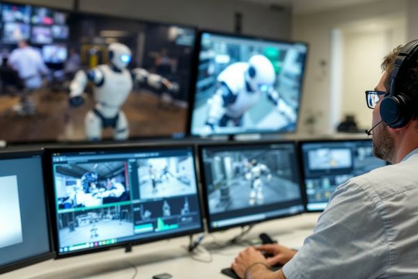 Security team safely managing risks while robots patrol on the ground.