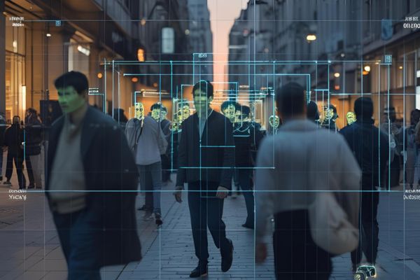 A busy public area with multiple people walking, overlaid with digital surveillance graphics and detection markers
