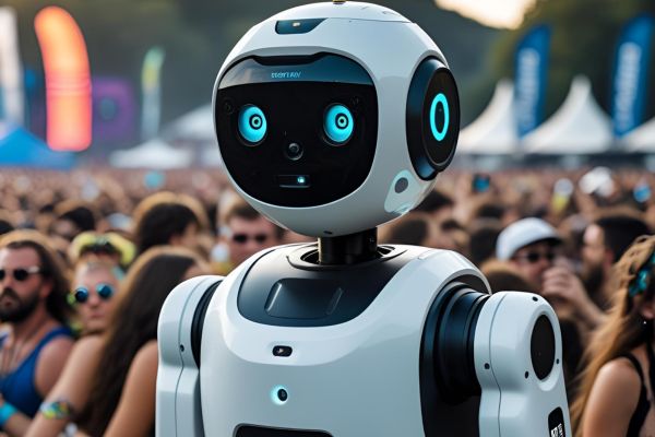 A robotic security unit positioned at a music festival, scanning the crowd using built-in cameras and sensors. The robot operates autonomously to detect unusual activity and support event security staff