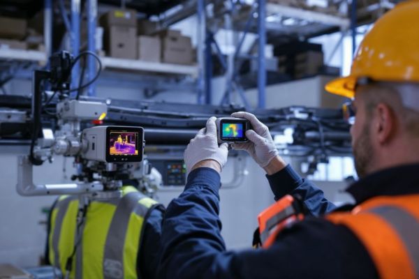 A technician wearing a high-visibility vest installs a thermal surveillance camera in a commercial warehouse