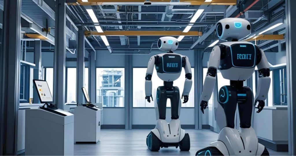 Two autonomous security robots patrolling a well-lit office corridor, scanning the environment for potential threats.