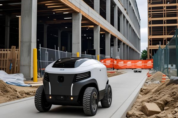 A mobile security robot navigating a newly constructed warehouse area, scanning for safety breaches