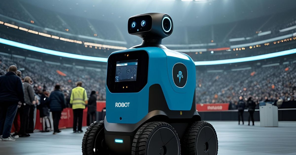 A security robot actively patrolling a spacious public venue, resembling a stadium or arena. The robot features sensors and cameras, to monitor crowd activity