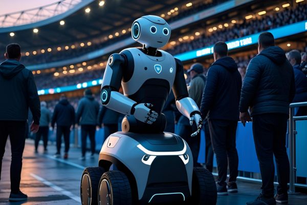 A security robot assisting event-goers outside a crowded stadium before a sports match. The robot stands near fans and enhance public safety through real-time surveillance and presence