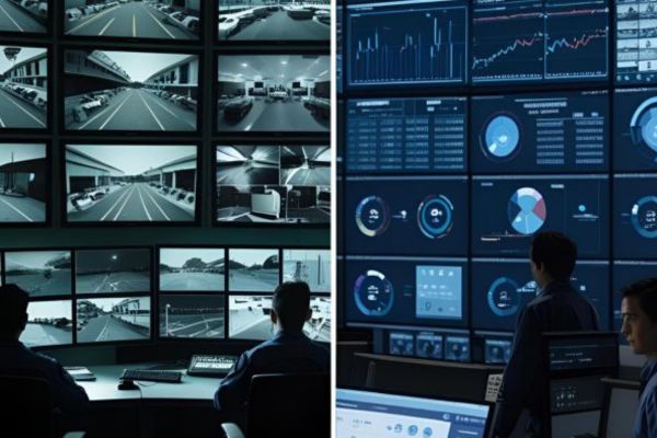 People in a control room monitoring several large screens displaying live CCTV surveillance footage